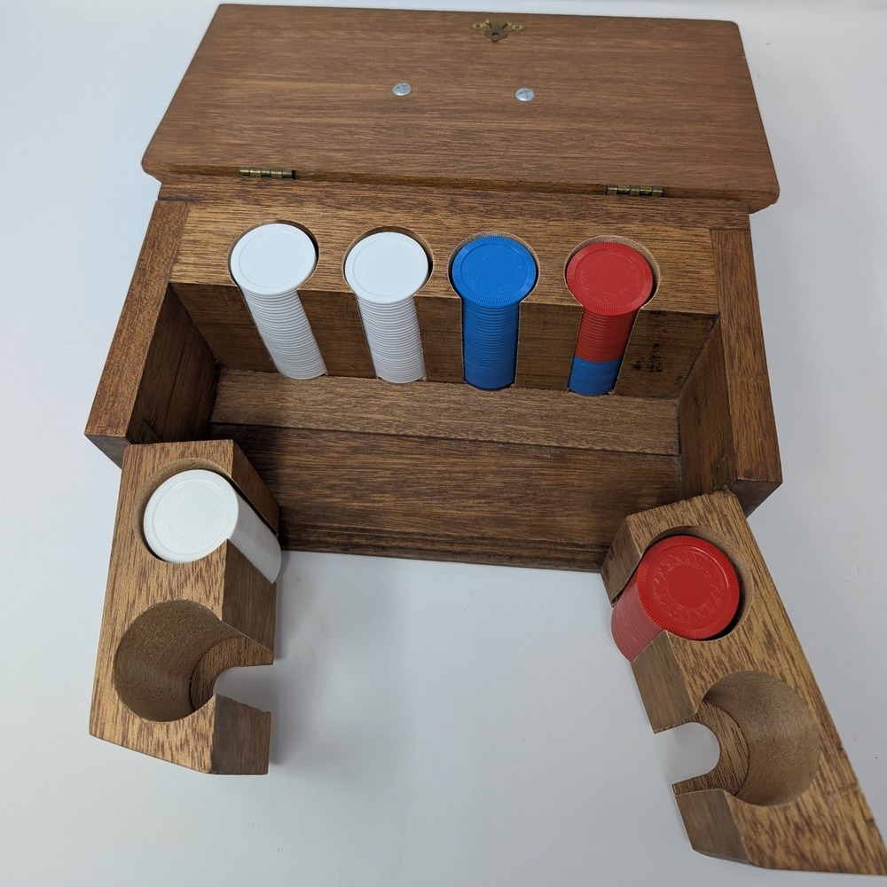 Vintage wooden poker chip carousel box w/ unique swing out chip holders gambling - Picture 6 of 16